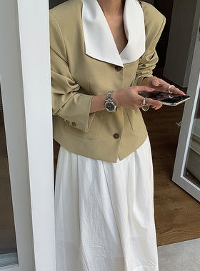 themind春季新款翻领长袖开衫上衣韩版宽松撞色小香风外套女60087