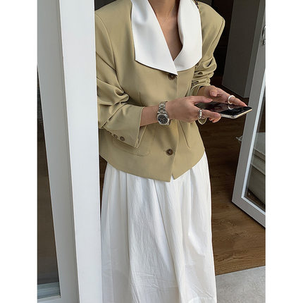 themind春季新款翻领长袖开衫上衣韩版宽松撞色小香风外套女60087