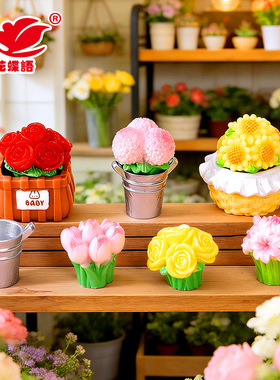 春日唯美铁桶花束树脂配件 玫瑰园艺造景diy桌面装饰品微景观摆件