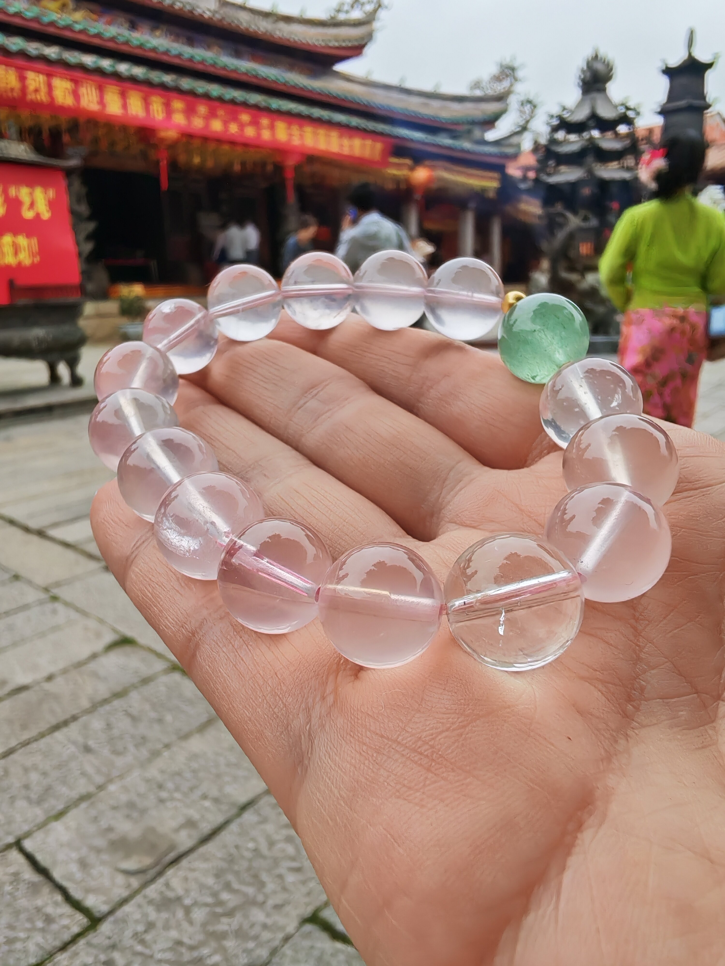 温润如玉 天然白水晶粉晶绿萤石手串小众设计款男女同款