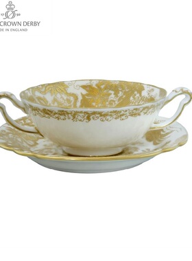 英国Royal Crown Derby德贝Aves - Gold金孔雀双耳汤杯碟马克杯