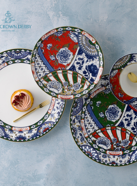 英国Royal Crown Derby德贝维多利亚花园蓝色绿色红色平盘晚餐盘