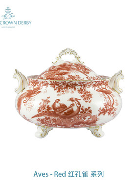 英国Royal Crown Derby德贝Aves - Red红孔雀欧式骨瓷带盖蔬菜煲