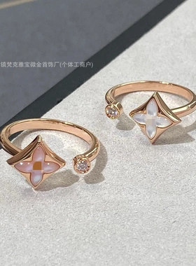 驴家新款尖花戒指 女V金圆花白贝母开口对戒叠戴时尚百搭直播代发