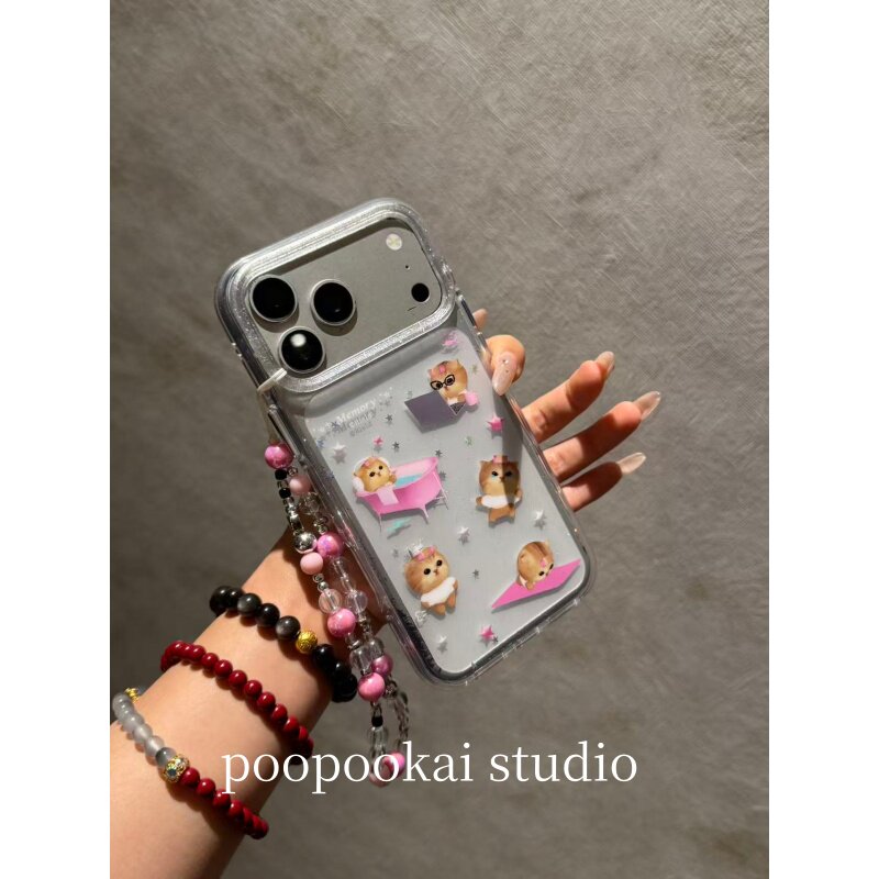 PooPookai可爱星星亮片棕色猫咪适用于苹果16/17promax/iPhone15pro手机壳女款14全包防摔13保护套