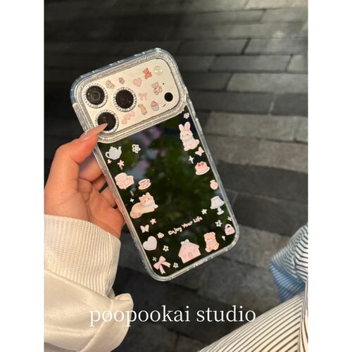 PooPookai可爱围边镜面猫咪兔子适用于苹果16/17promax/iPhone15pro手机壳女款14全包防摔13保护套