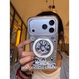 14全包防摔13保护套 iPhone15pro手机壳女款 PooPookai可爱银色轻音少女360支架适用于苹果16 17promax