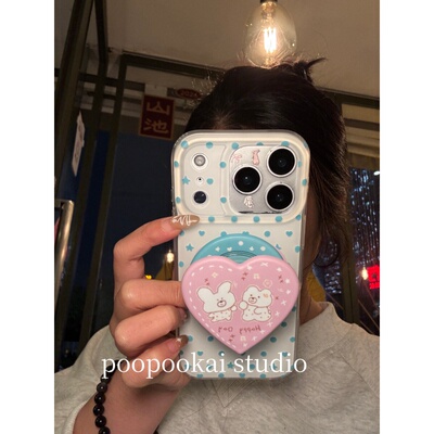 PooPookai简约白底蓝波点小熊磁吸适用于苹果16/17promax/iPhone15pro手机壳女款14全包防摔13保护套