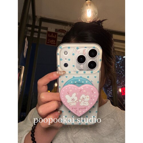 PooPookai简约白底蓝波点小熊磁吸适用于苹果16/17promax/iPhone15pro手机壳女款14全包防摔13保护套