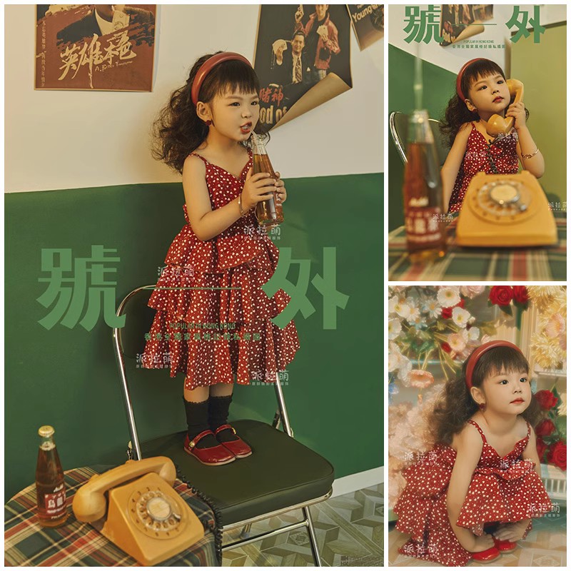 儿童摄影拍照复古港风大红点点吊带连衣裙艺术写真时尚大牌影楼服