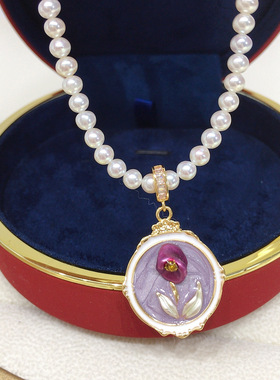 天然淡水珍珠巴洛克吊坠紫色花朵彩绘古油画风万能扣珍珠项链