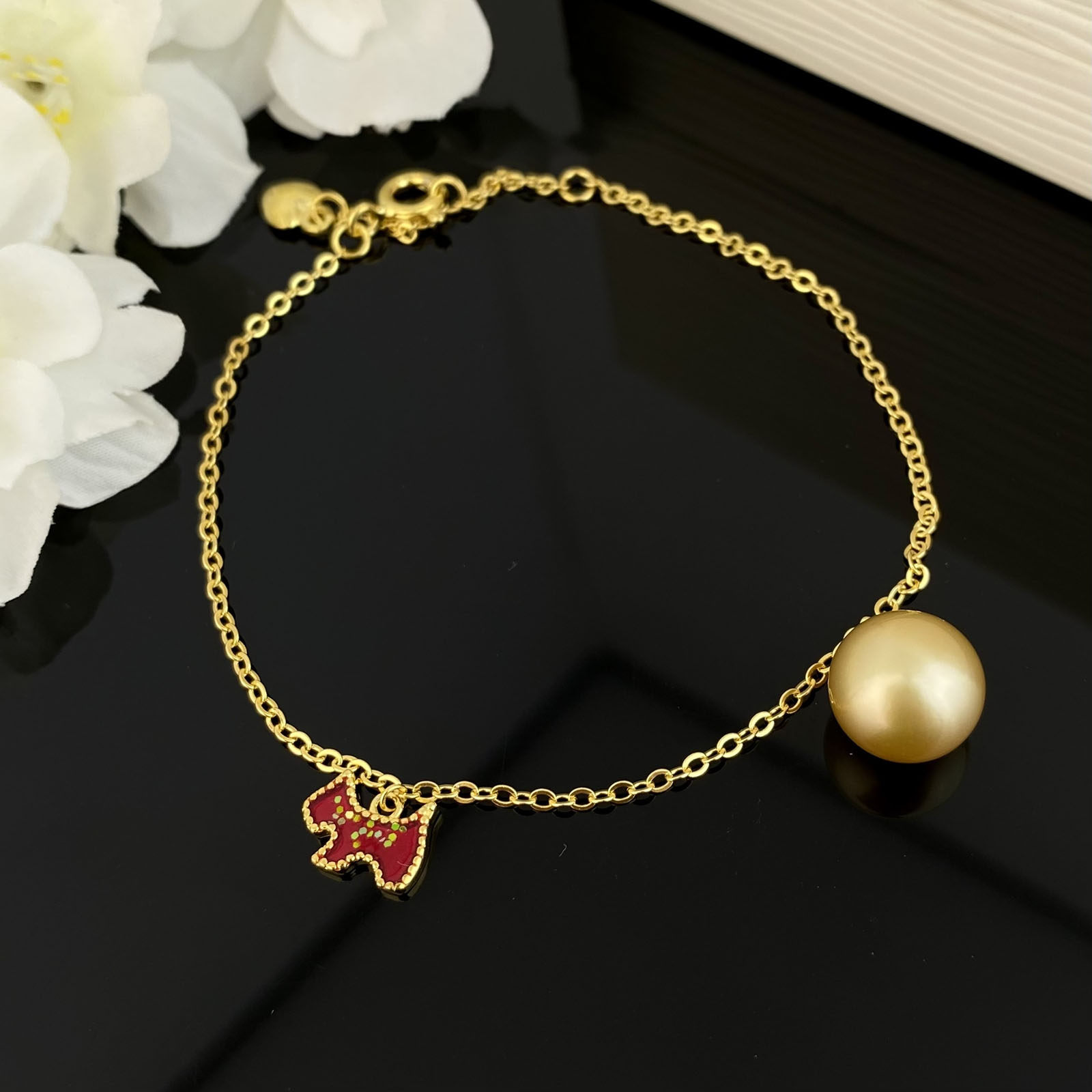 金珠海水珍珠红色小马手链正圆9-10mm金色女s925纯银金珠珍珠手链