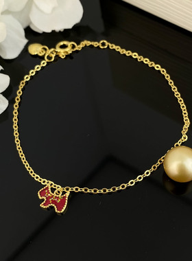 金珠海水珍珠红色小马手链正圆9-10mm金色女s925纯银金珠珍珠手链