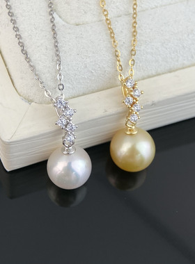 金珠海水珍珠时尚排钻吊坠正圆9-10mm金色女s925纯银百搭珍珠项链