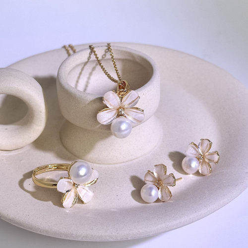 天然淡水珍珠项链耳钉戒指套装18K包金小清新粉花朵贝母珍珠首饰