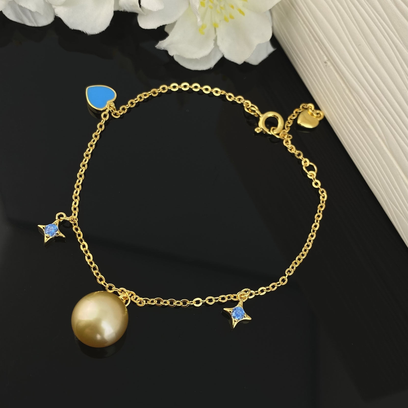 金珠海水珍珠五角星心形手链正圆9-10mm金色s925纯银金珠珍珠手链
