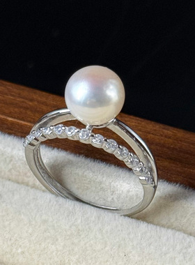 新款天然淡水真珍珠单排锆石戒指女铜镀18K金珍珠戒指指环女百搭