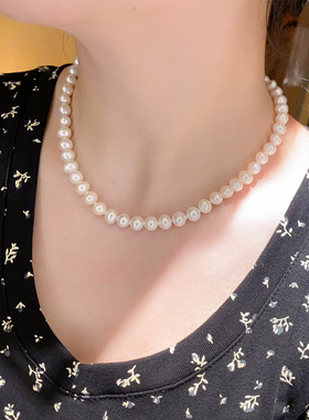 诸暨珍珠天然淡水珍珠项链全珠链百搭无核高亮近圆S925纯银