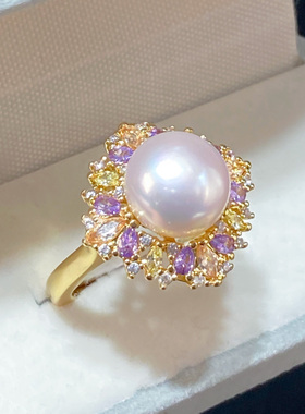 5A级高亮天然淡水真珍珠18K包金微镶彩宝锆石珍珠戒指指环女轻奢