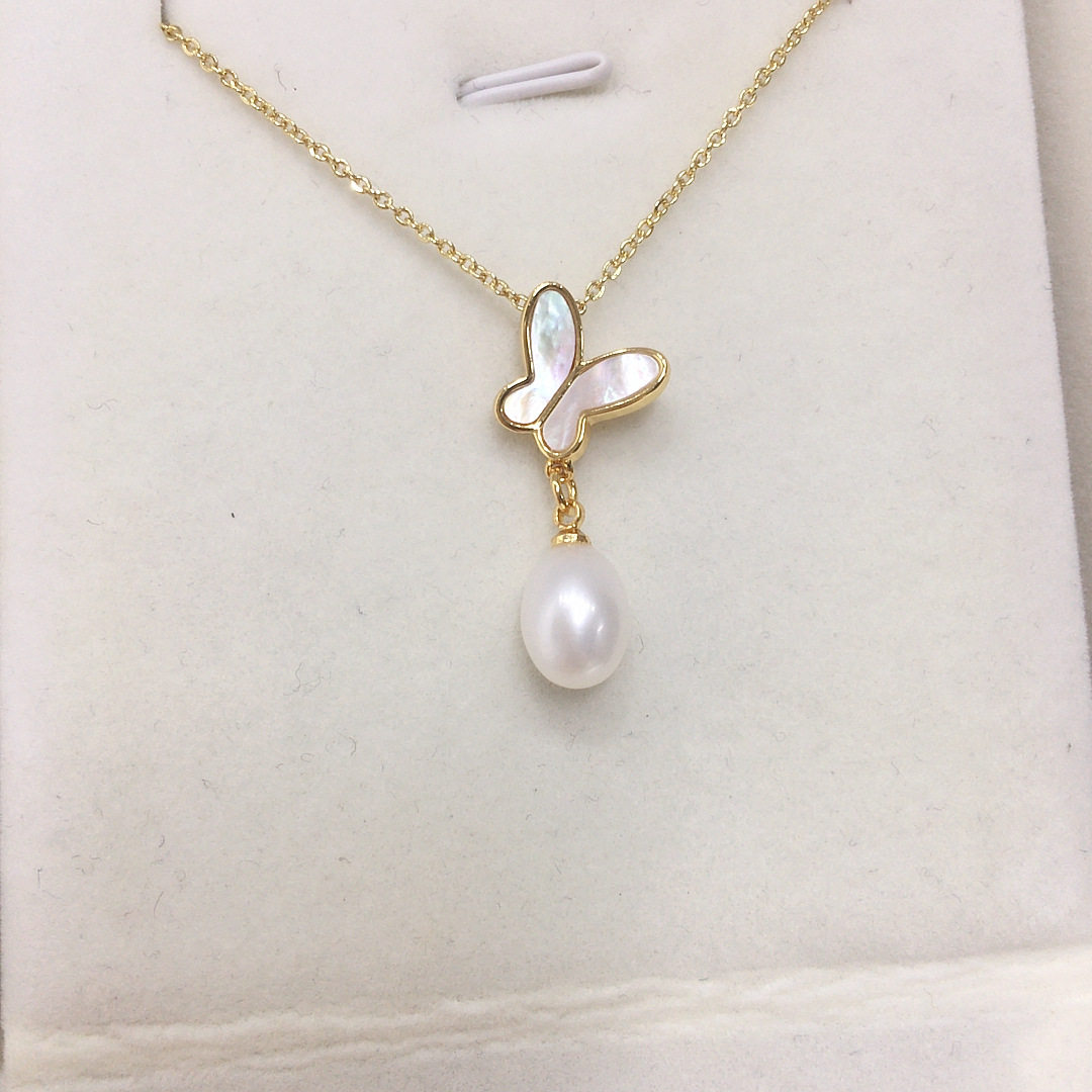 诸暨珍珠蝴蝶海贝贝母天然淡水珍珠吊坠水滴形珍珠项链