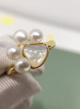 天然淡水珍珠戒指18K真金电镀天然海贝母猫爪baby珠戒指