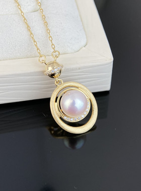 天然淡水珍珠时尚双环吊坠正圆7-8mm珍珠女s925纯银珍珠颈链诸暨