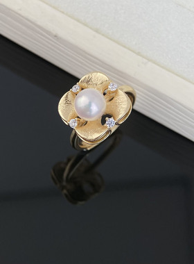 天然淡水珍珠复古拉丝工艺花瓣指环正圆6-7mm女s925纯银戒指诸暨