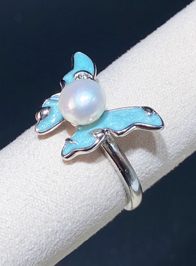 浙江诸暨天然淡水真珍珠极光戒指指环女款开口可调节独特蝴蝶戒指