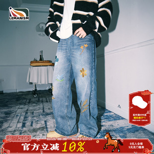 lemanism设计感刺绣水洗牛仔裤 男2024春秋直筒情侣cleanfit休闲裤