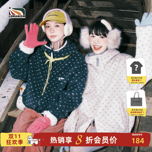 lemanism美式羊羔毛碎花棉服摇粒绒连帽棉衣男2026冬季情侣厚外套