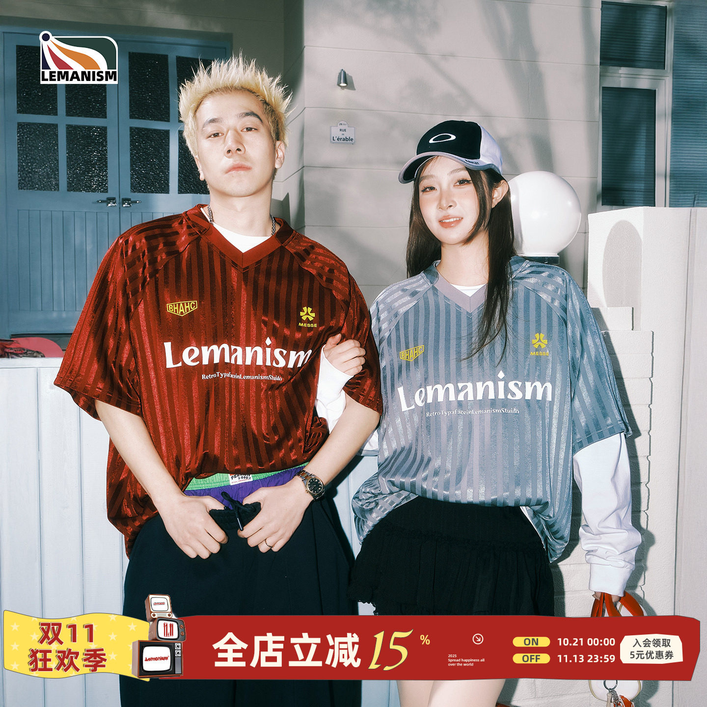 lemanism美式复古球衣足球短袖t恤红色球服夏季情侣宽松运动上衣