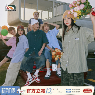 宽松寸衣潮牌情侣款 男夏季 衬衣女 衬衫 lemanism日系防晒竖条纹短袖