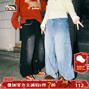 lemanism美式潮流小花朵刺绣牛仔裤男2026新款情侣款宽松休闲裤女