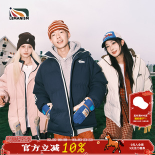 棉服外套女 情侣款 lemanism潮牌美式 撞色三条杠字母棉衣男2024冬季