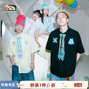 lemanism卡通学院风彩绘涂鸦小狗短袖衬衫男情侣款衬衣女2025夏季