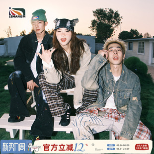 潮牌牛仔衣女 翻领夹克情侣款 lemanism美式 复古牛仔外套男2024秋季