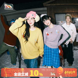 lemanism美式潮流麻花花朵圆领毛衣男款情侣款秋冬季针织衫上衣女