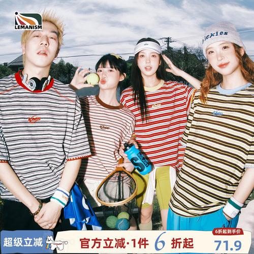 美式潮流条纹短袖T恤男情侣款女