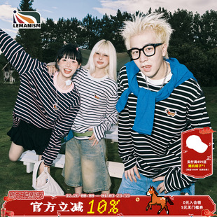 春秋季 T恤男2025新款 上衣 潮流腊肠狗条纹圆领长袖 lemanism美式