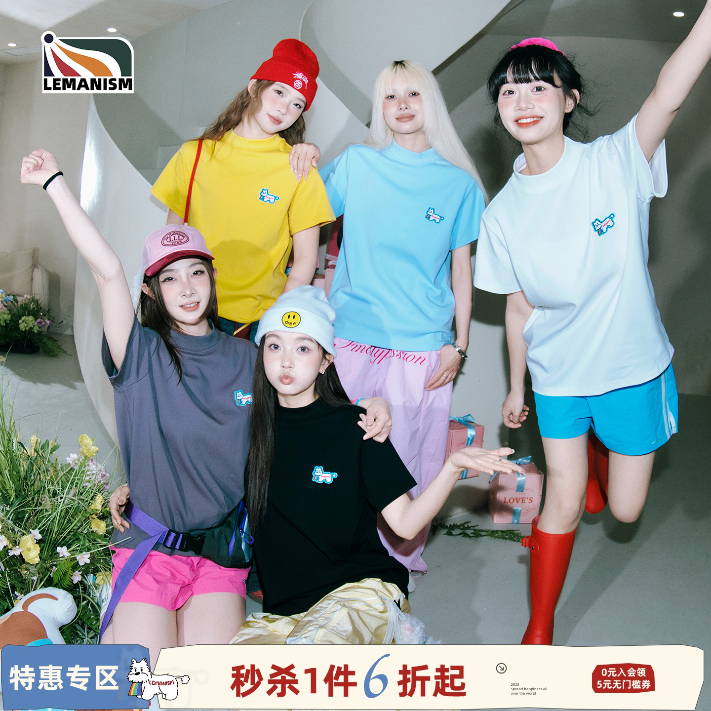 lemanism美式简约卡通腊肠狗情侣款圆领短袖T恤女2025新款夏季潮