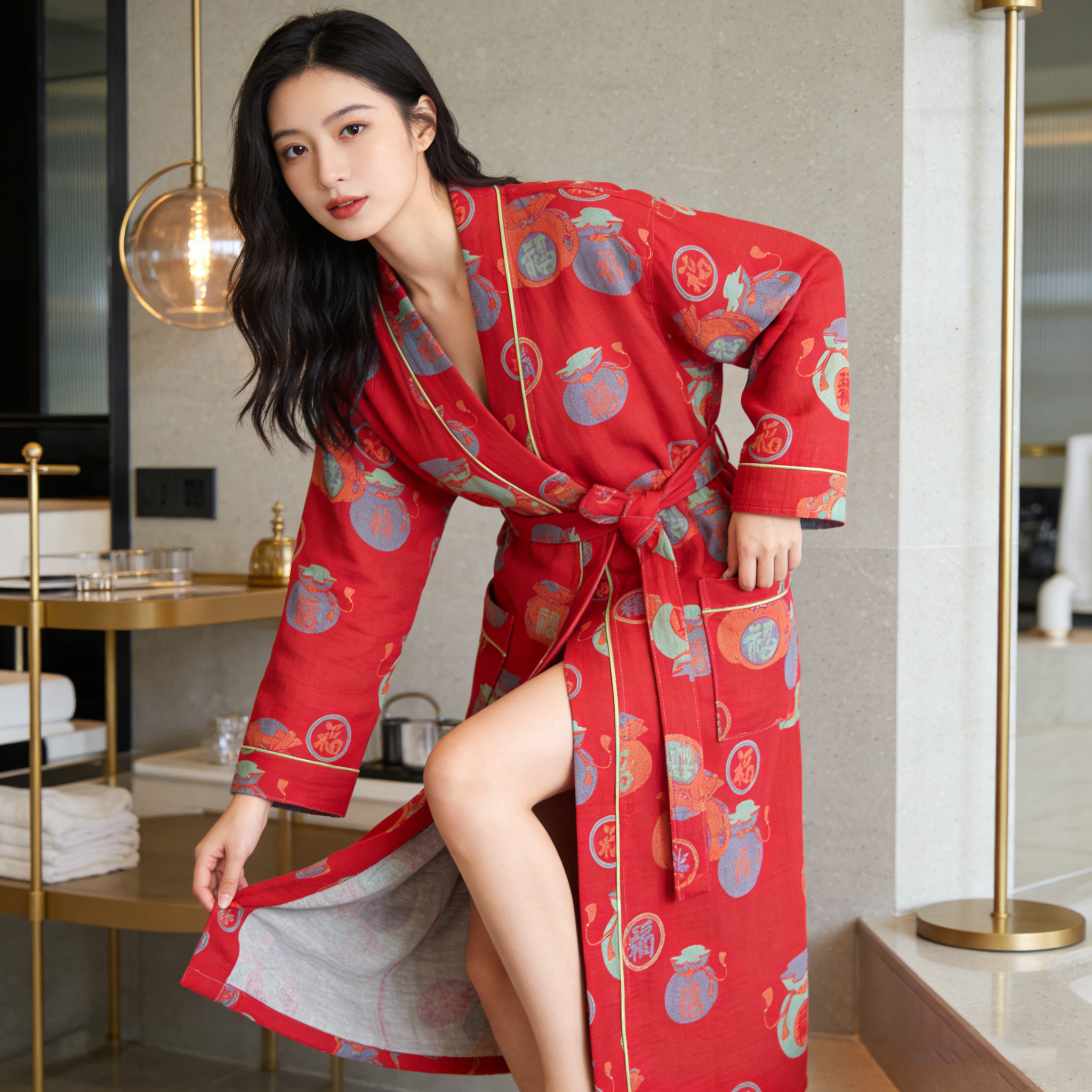 浴袍纯棉春秋双层纱布浴袍家居服睡袍情侣款吸水速干沐浴男女同款