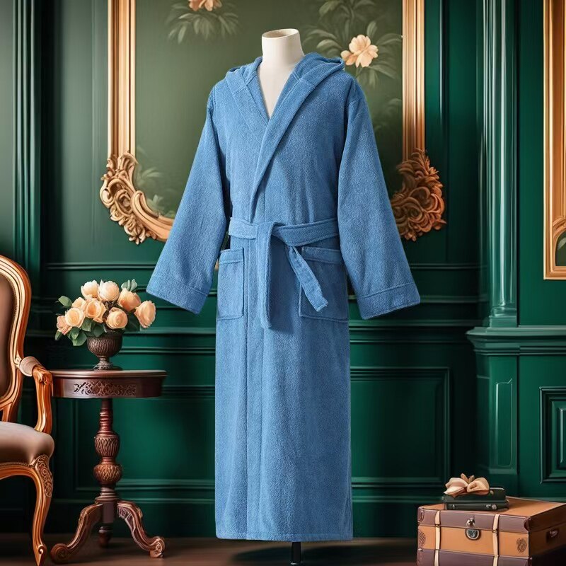 纯棉浴袍秋冬款男士睡袍女士睡衣长款毛巾料加厚冬天游泳带帽温泉