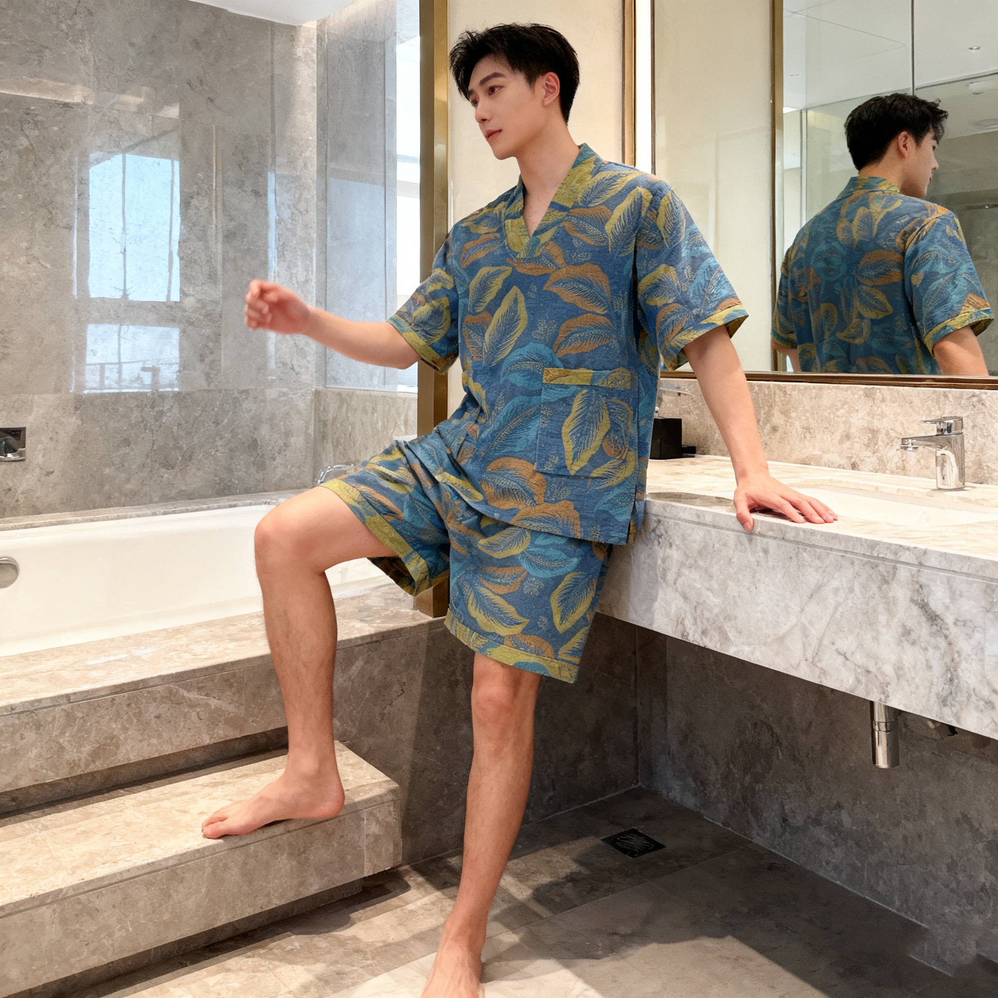 汗蒸服女纯棉双层纱提花男士睡衣春夏浴服系带家居服吸水速干浴衣