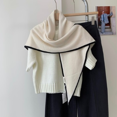 高端小香风100%wool纯羊毛高级感外搭三角披肩女秋冬纯色围巾两用
