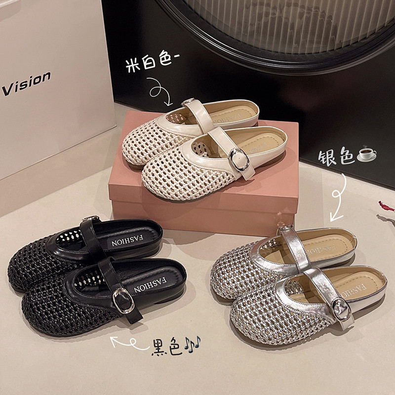 法式镂空包头半拖鞋女夏外穿2026新款百搭配裙子平底一脚蹬凉拖鞋