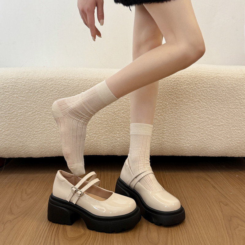 法式白色玛丽珍浅口小皮鞋女2026新款春季配裙子粗跟高跟鞋单鞋子