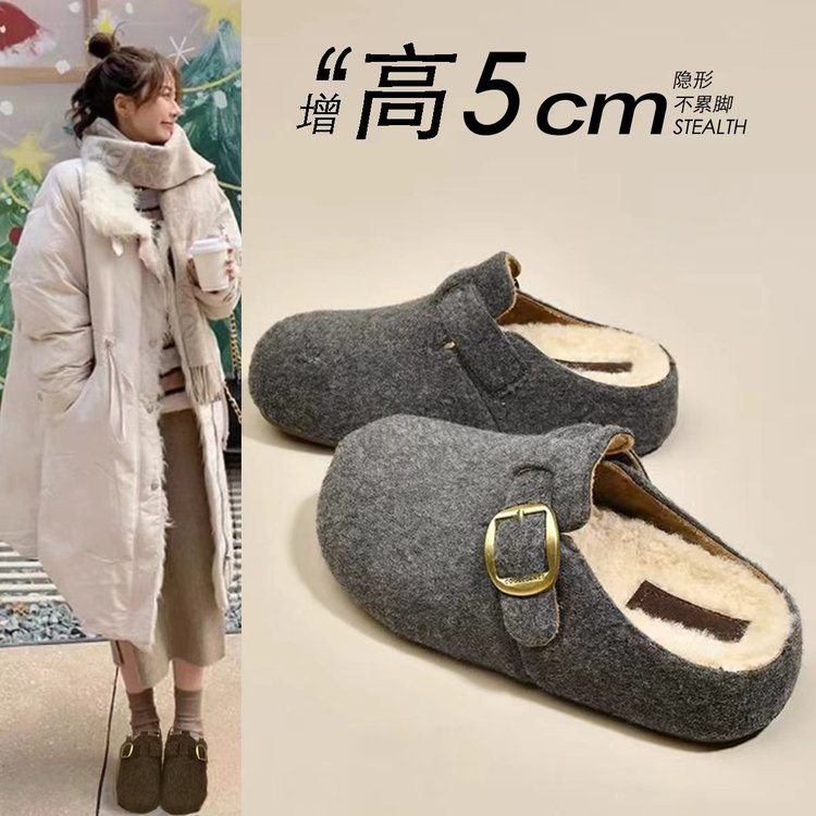 厚底加绒灰色勃肯鞋女呢子雪地靴