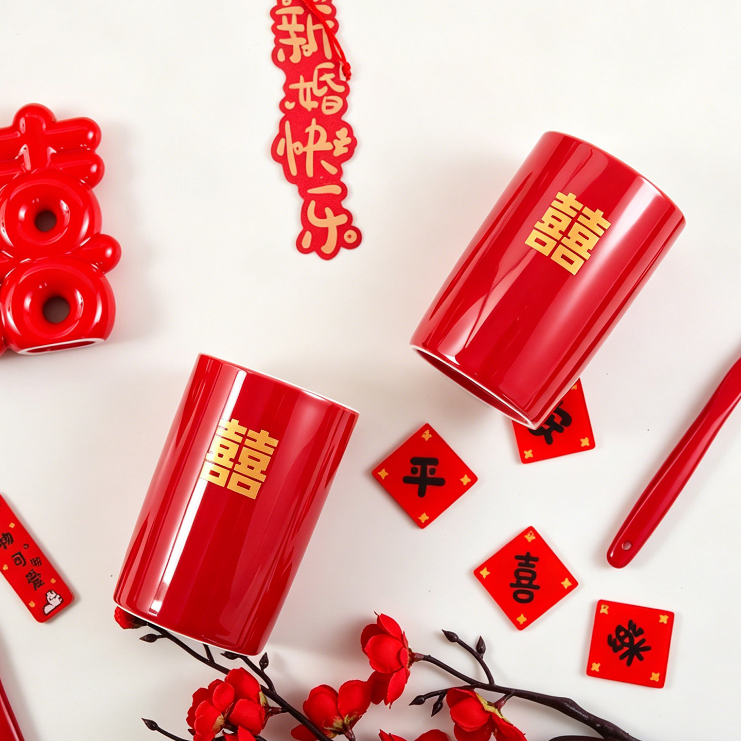 喜字红色洗漱杯结婚牙刷杯一对图片
