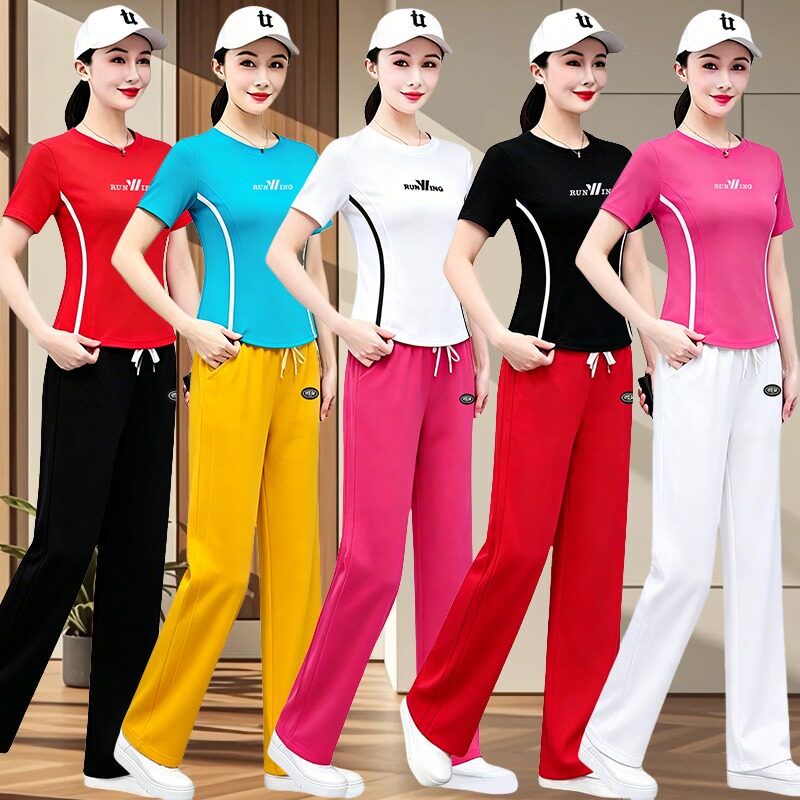 夏季广场舞套装女修身显瘦短款上衣长裤团队演出舞蹈练习运动服装