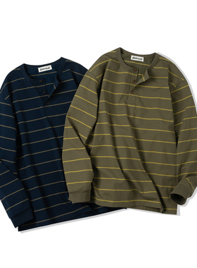 NATIVEWELL亨利复古条纹长袖tee抗皱透气水洗不变形